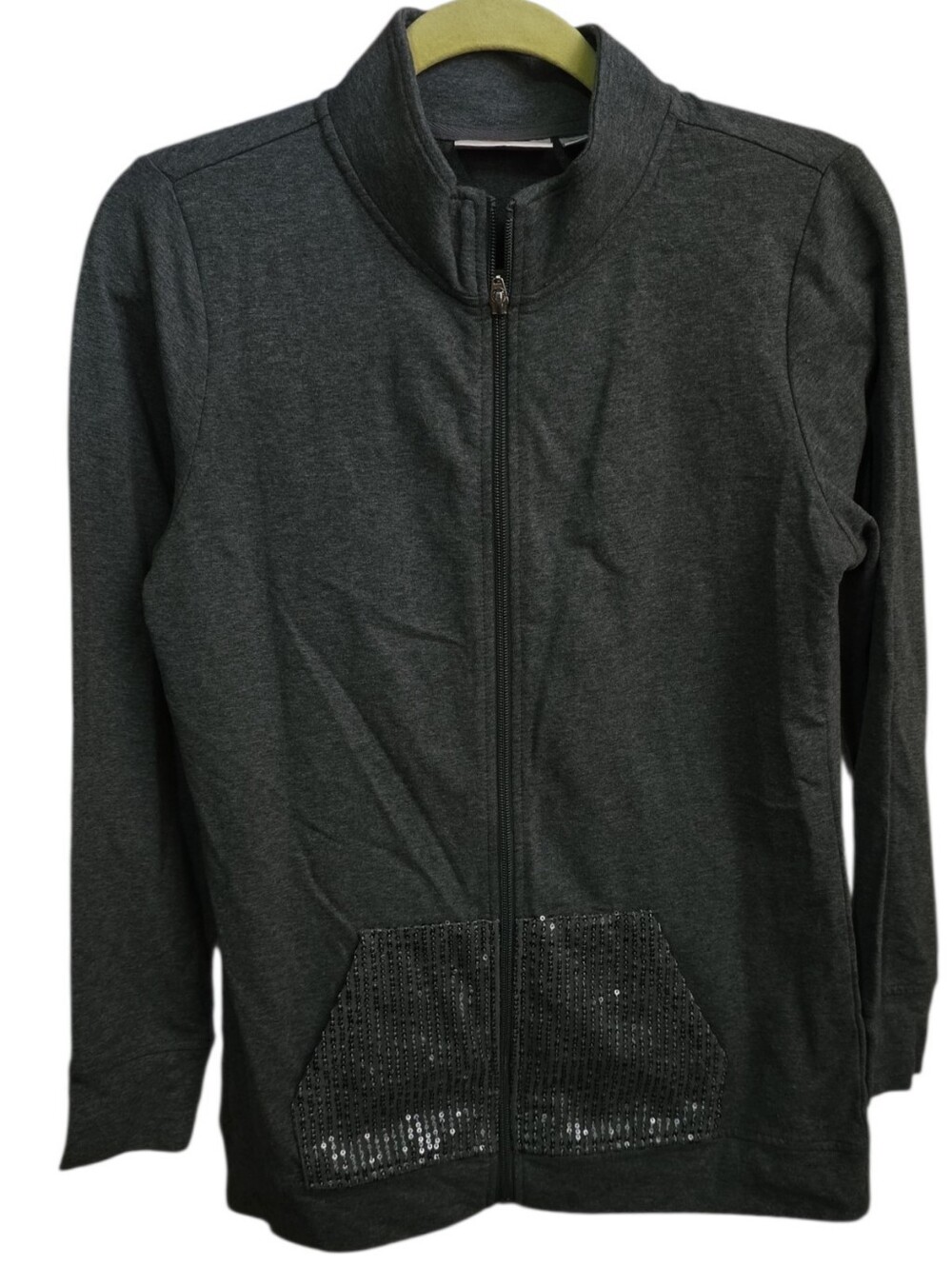 Quacker Factory French Terry Sequin Pocket Jacket Heathered Grey Size XXS